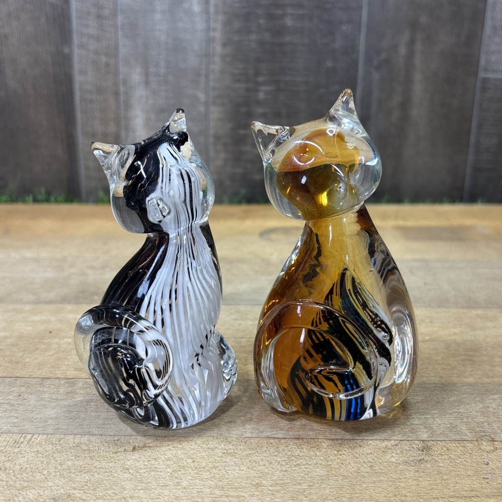 Hand Blown Art Glass Cat Figurines Paperweights Set of 2 Black White Amber